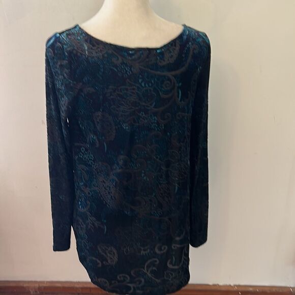 Karen Kane velour black turquoise long sleeve floral blouse Size S - Picture 5 of 8